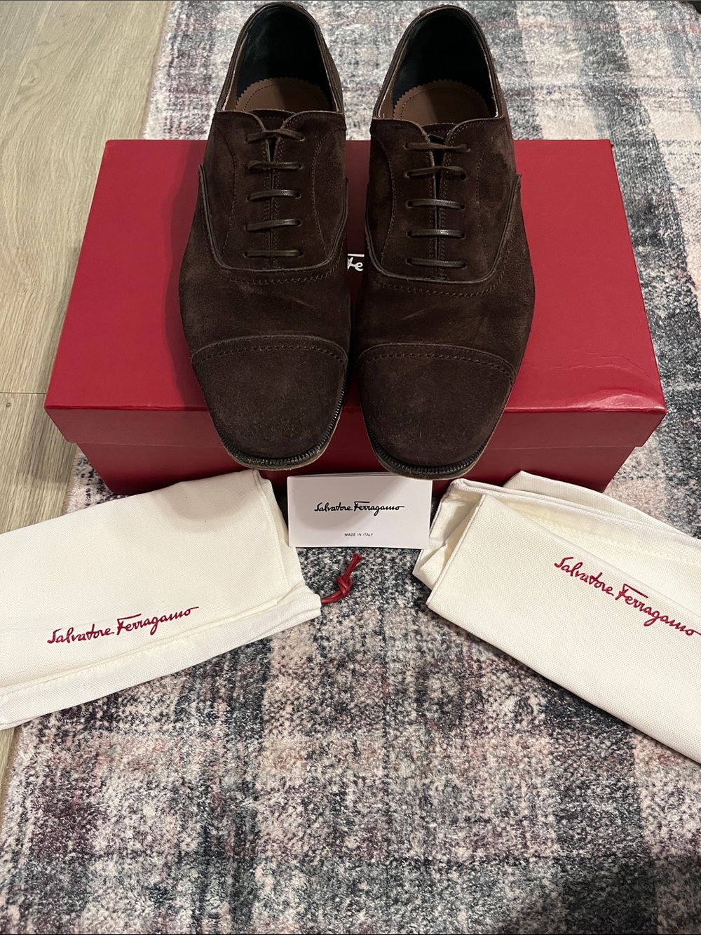 Salvatore Ferragamo Dark Brown Suede Cap-Toe Oxfords